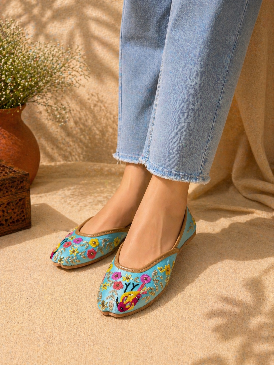 Sky Blue Bird Motif Hand Embroidered Jutti for Women