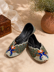 Olive Multicolor Peacock Embroidered Ethnic Jutti for Women