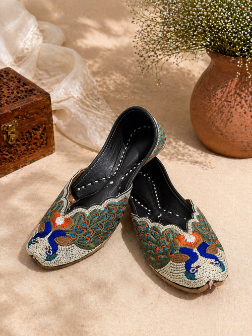 Olive Multicolor Peacock Embroidered Ethnic Jutti for Women