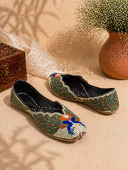 Olive Multicolor Peacock Embroidered Ethnic Jutti for Women