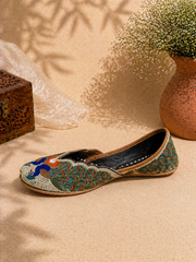 Olive Multicolor Peacock Embroidered Ethnic Jutti for Women