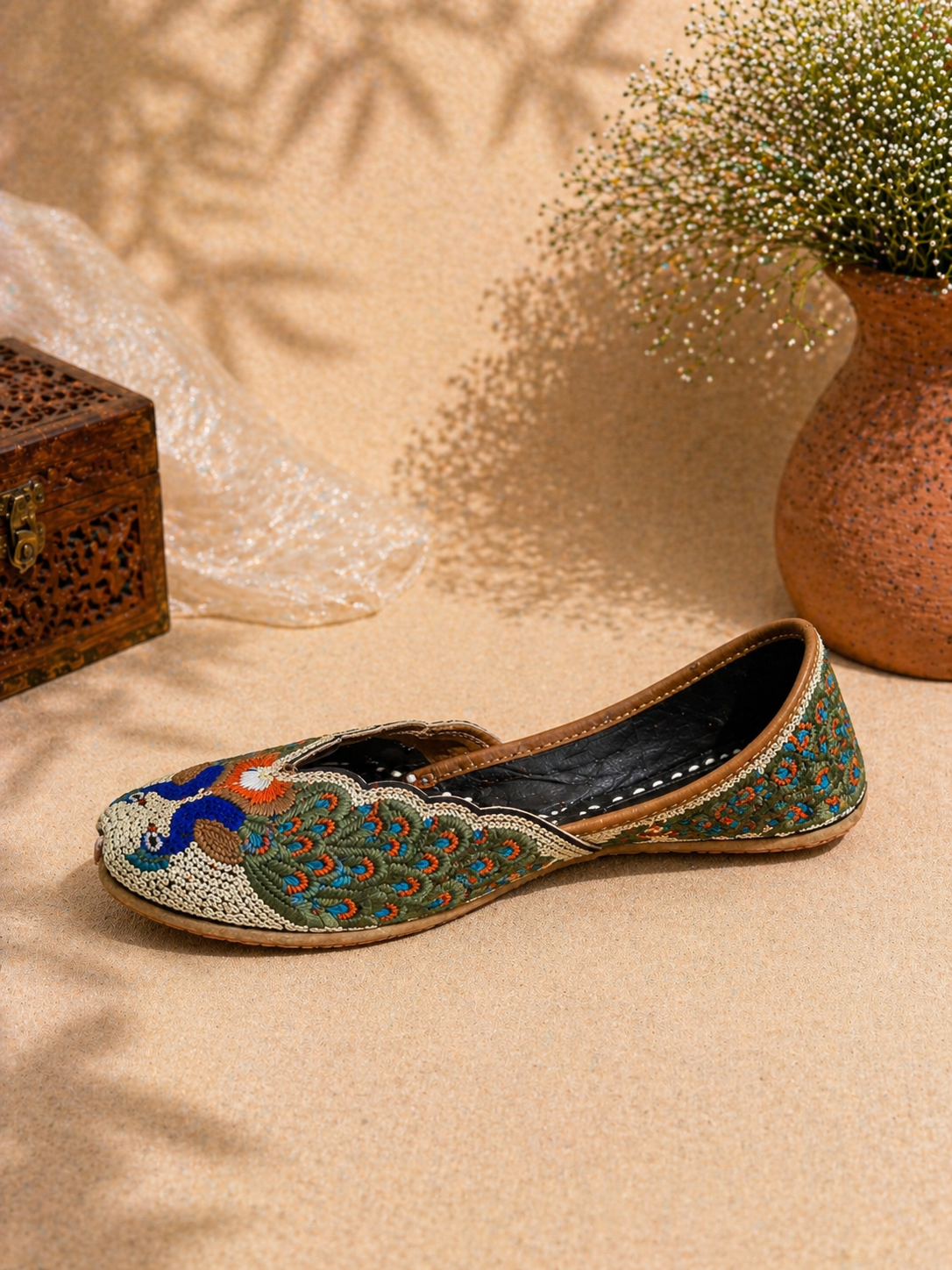 Olive Multicolor Peacock Embroidered Ethnic Jutti for Women