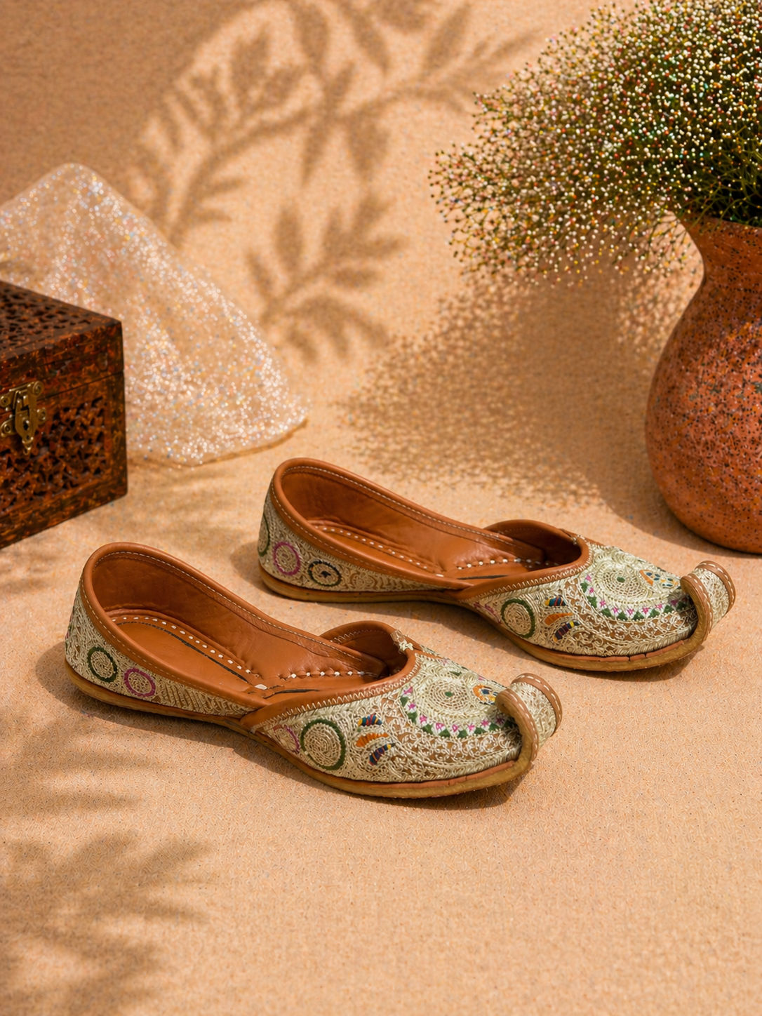 Beige Multicolor Threadwork Classic Punjabi Jutti for Women