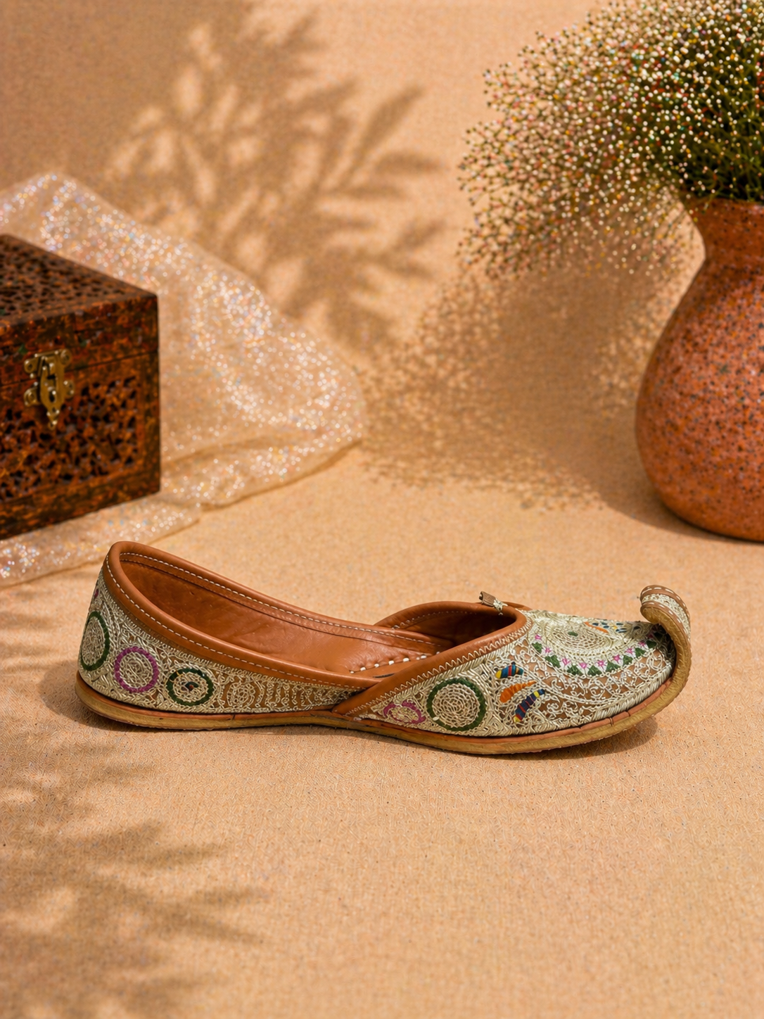 Beige Multicolor Threadwork Classic Punjabi Jutti for Women