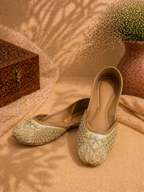 Champagne Gold Mirror & Bead Embellished Ethnic Jutti for Women