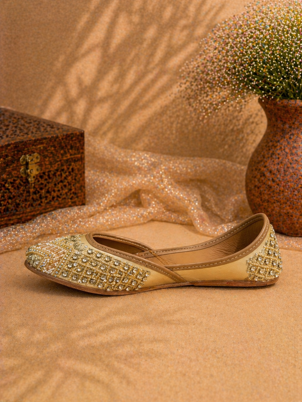 Champagne Gold Mirror & Bead Embellished Ethnic Jutti for Women