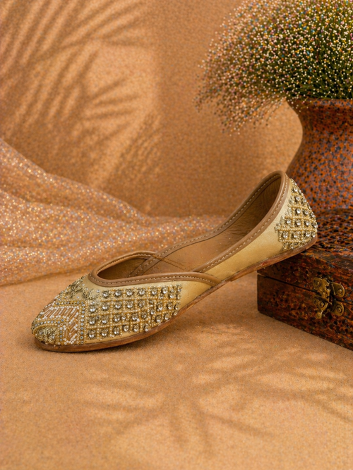 Champagne Gold Mirror & Bead Embellished Ethnic Jutti for Women