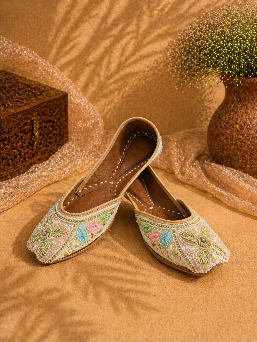 Ivory Pastel Floral Handcrafted Ethnic Jutti for Women