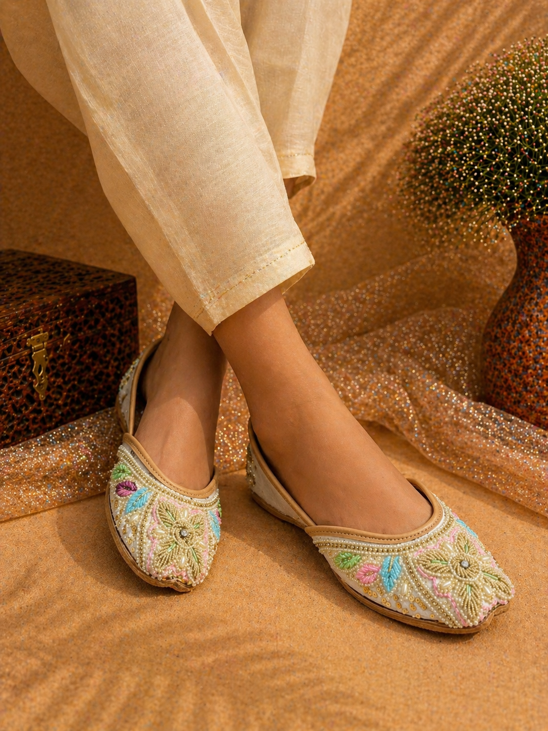 Ivory Pastel Floral Handcrafted Ethnic Jutti for Women