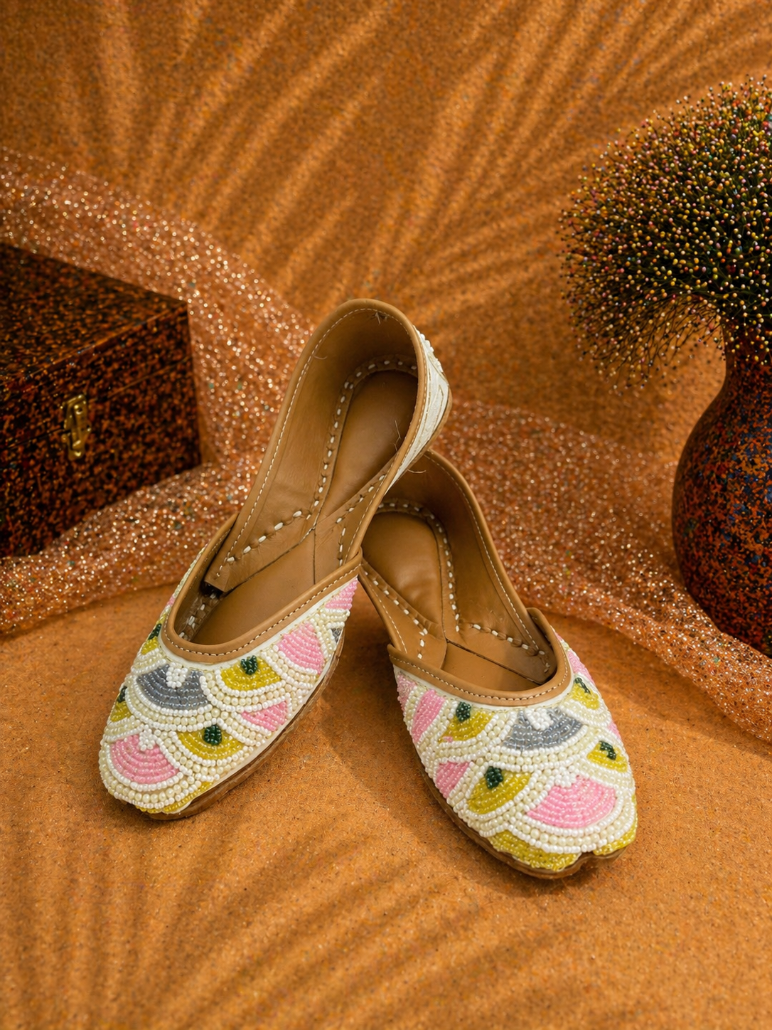 White Multicolor Beaded Festive Jutti for Women (Copy)