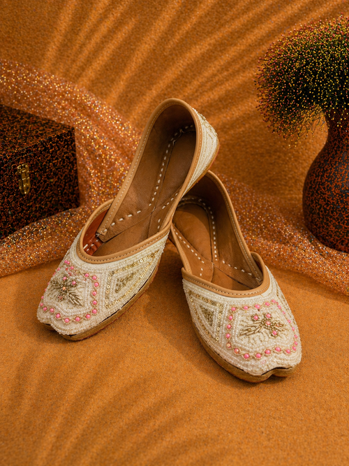 Off White Pink Dabka Embroidered Ethnic Mojari for Women