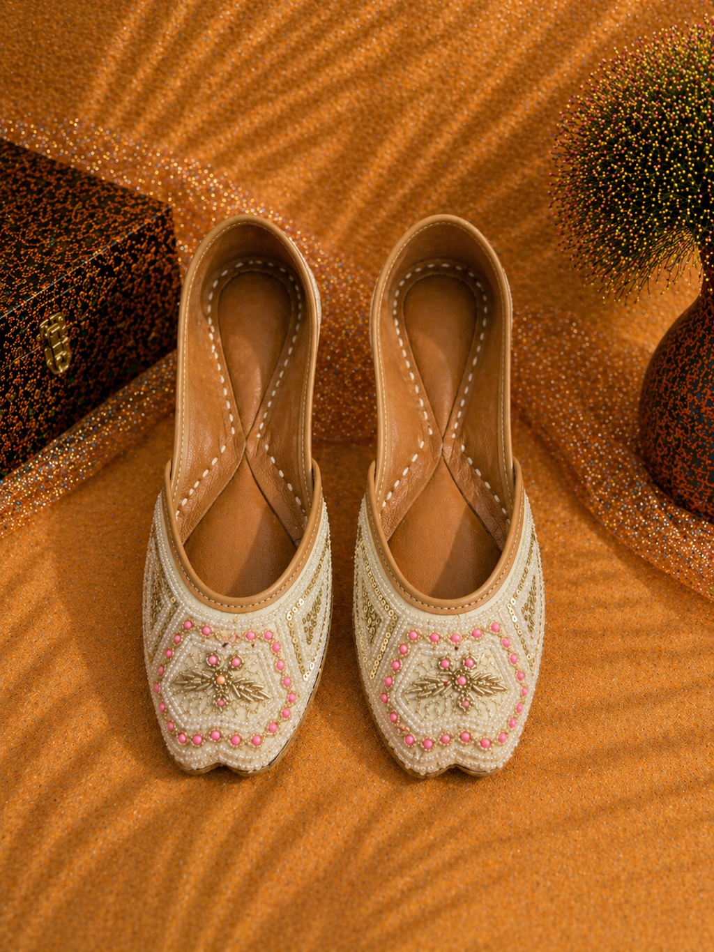 Off White Pink Dabka Embroidered Ethnic Mojari for Women
