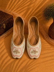 Off White Pink Dabka Embroidered Ethnic Mojari for Women