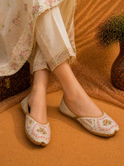 Off White Pink Dabka Embroidered Ethnic Mojari for Women