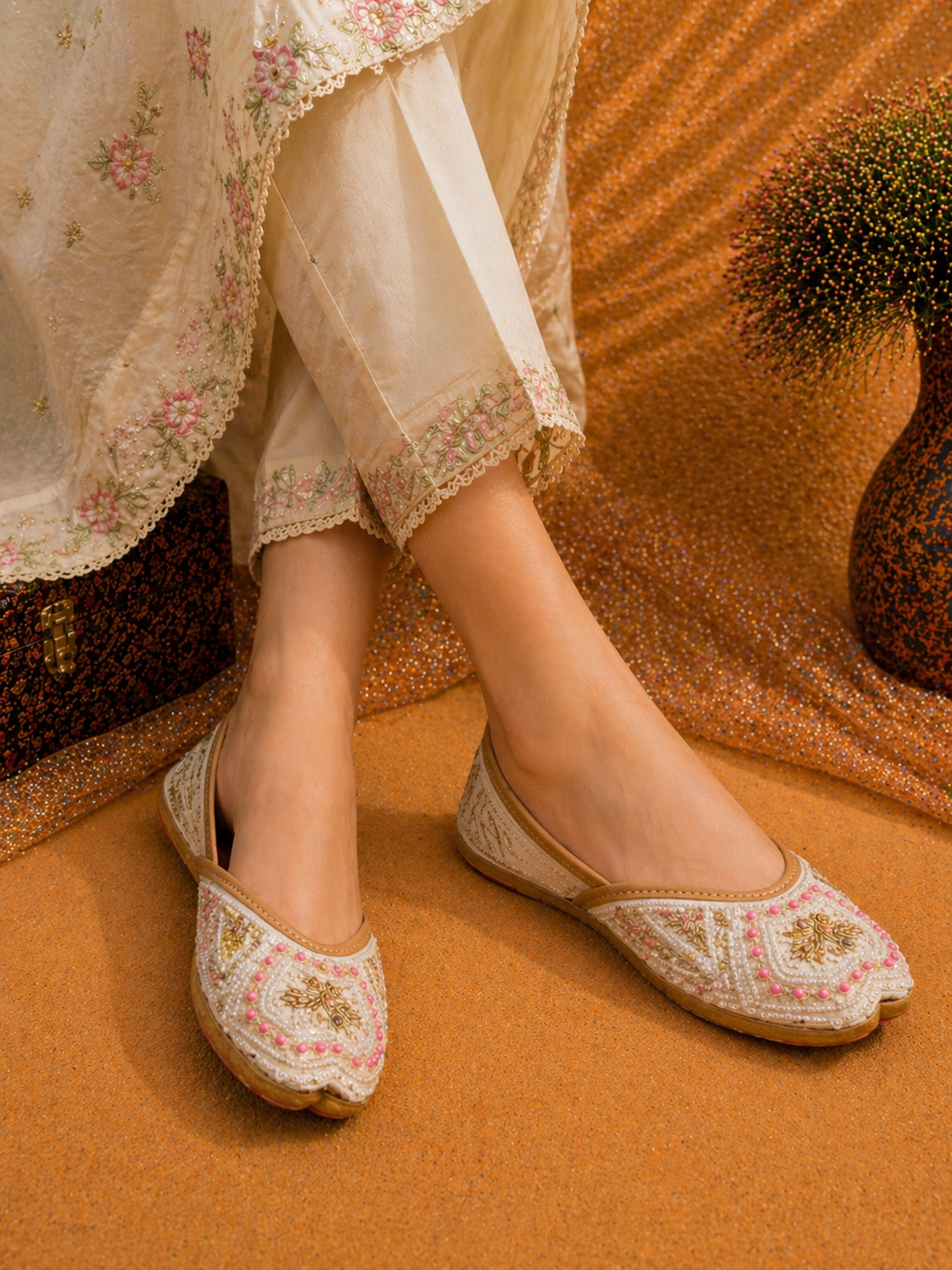 Off White Pink Dabka Embroidered Ethnic Mojari for Women