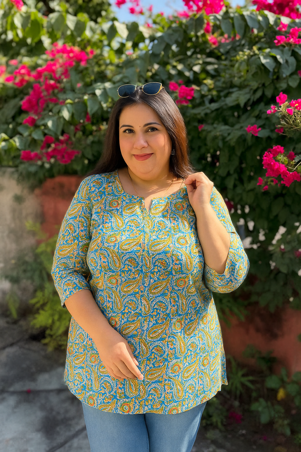 Green Blue Kalamakari Plus Size Kurti