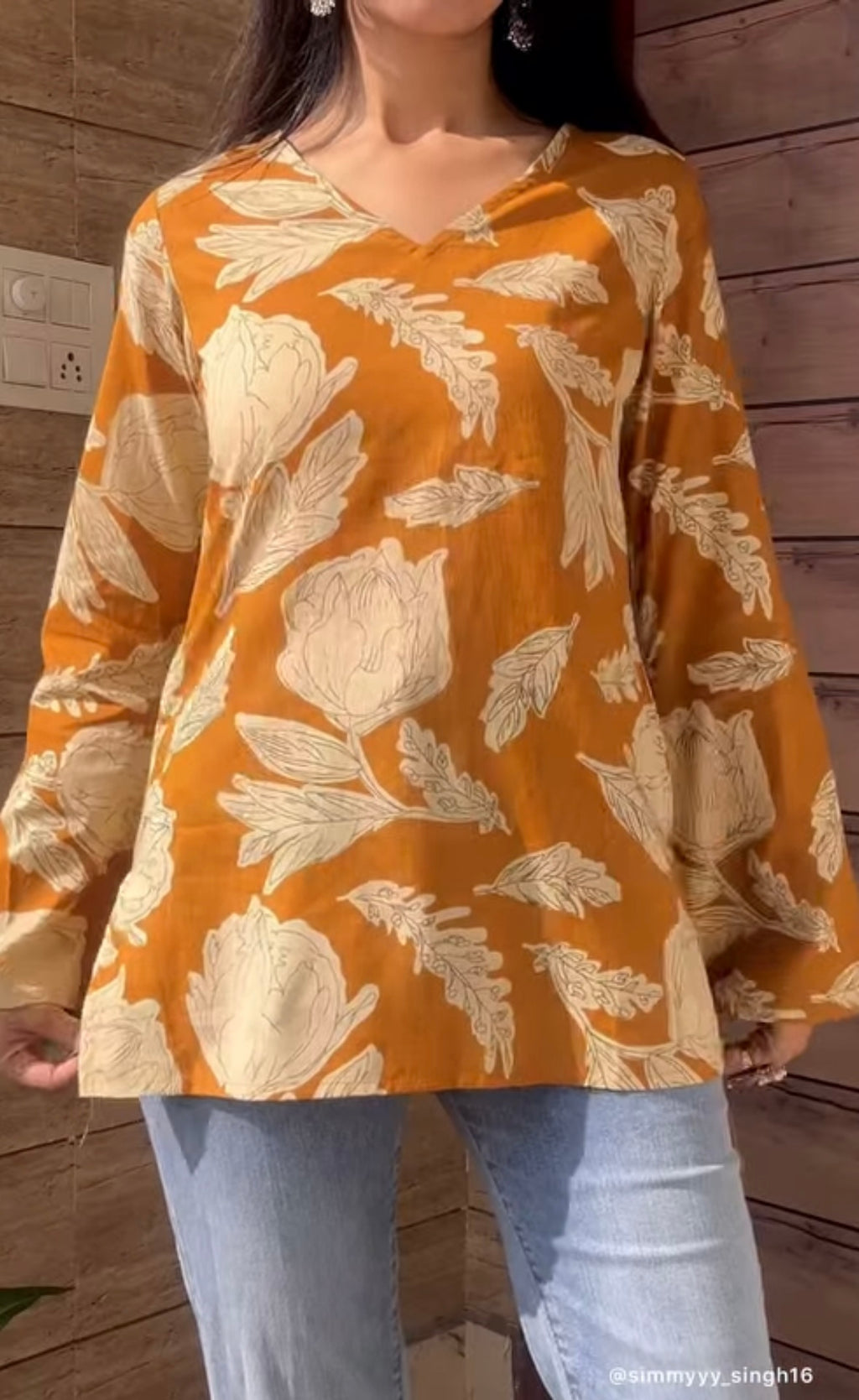 Mustard Big Flower Bell Sleeve Short Kurti