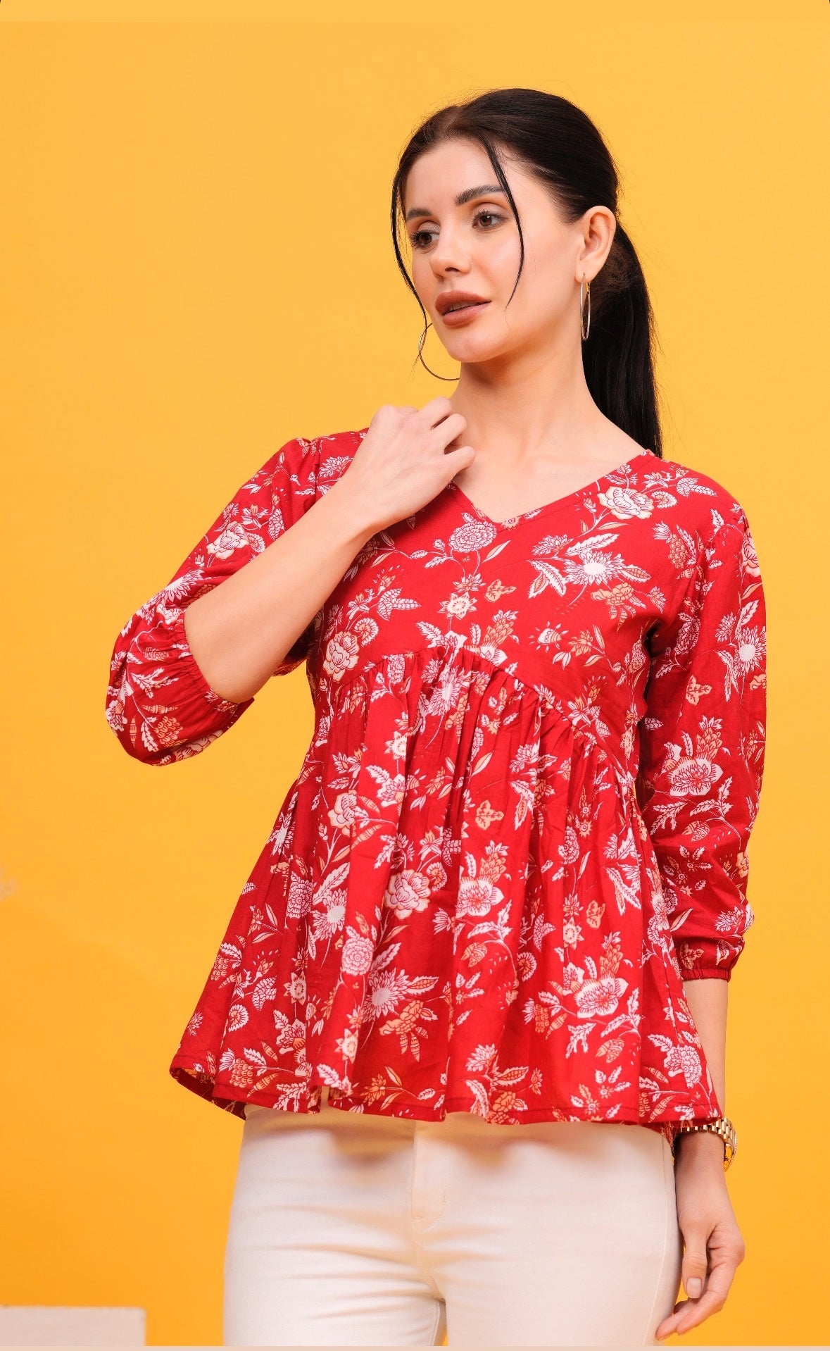 Red Handblock Peplum Top