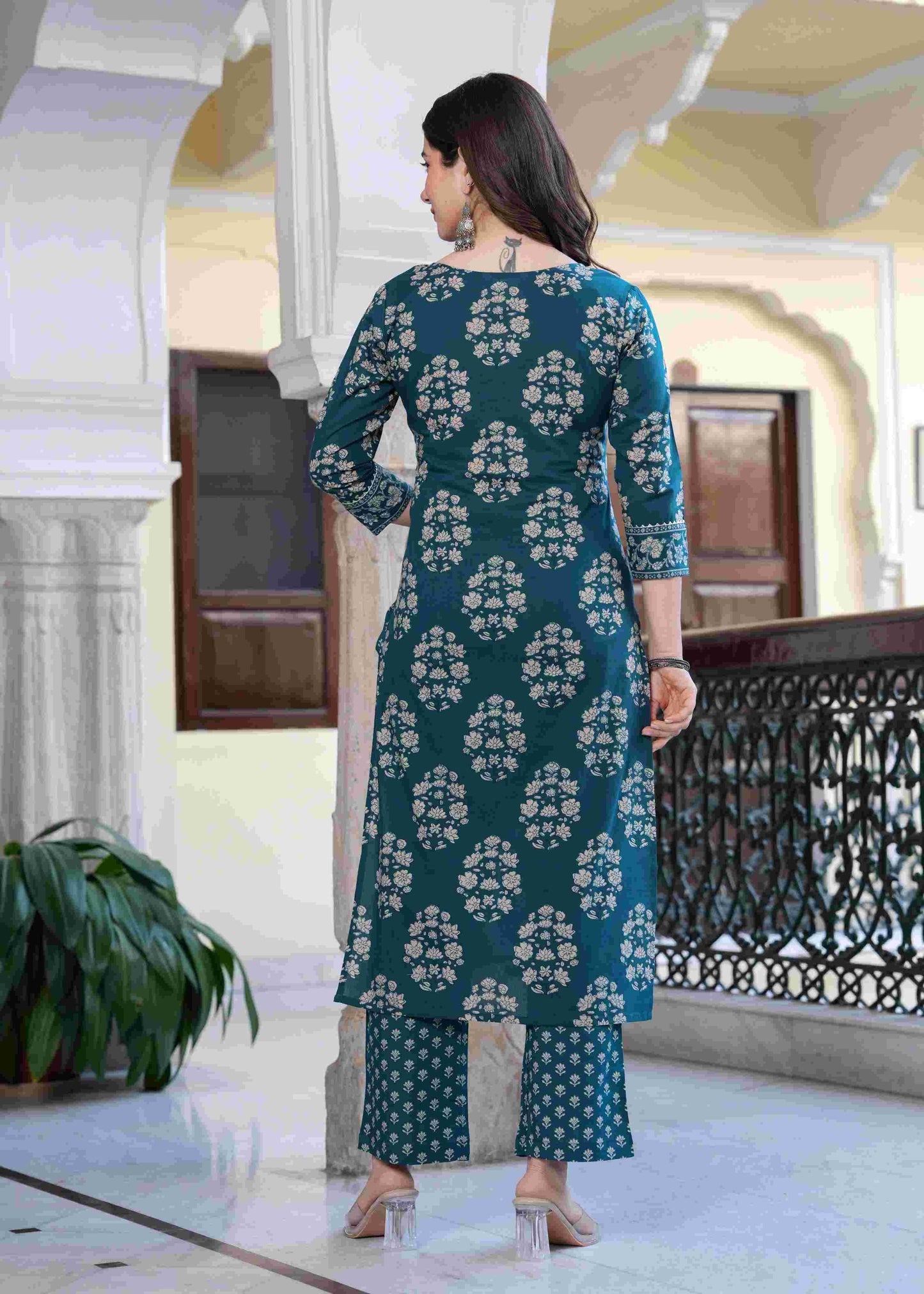 Teal Floral Heritage Kurta-Pant Set