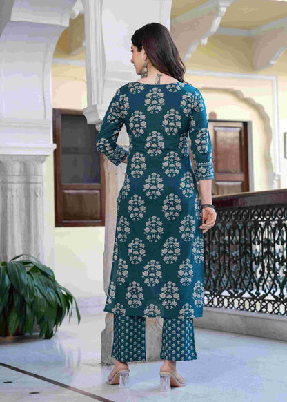 Teal Floral Heritage Kurta-Pant Set