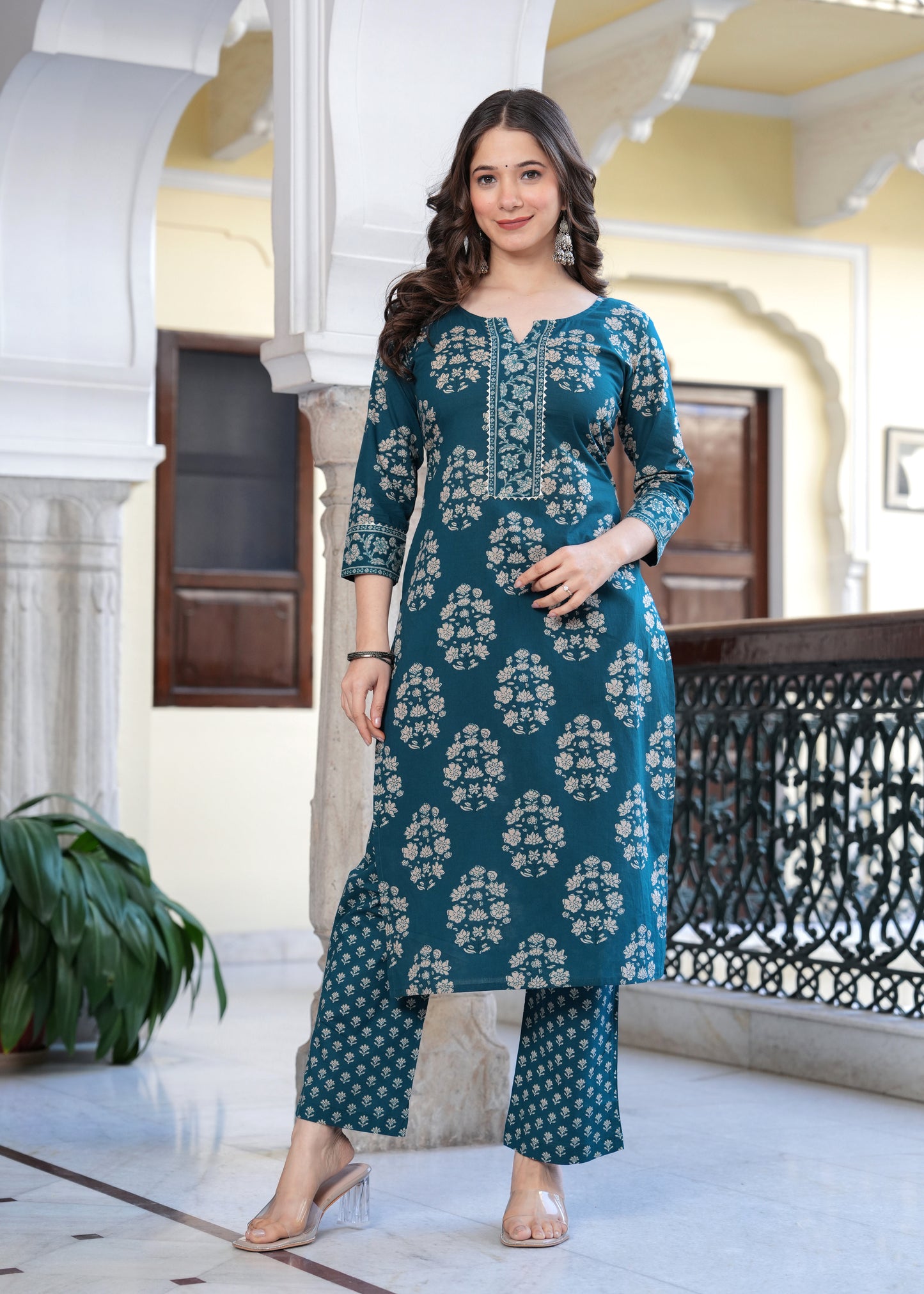 Teal Floral Heritage Kurta-Pant Set