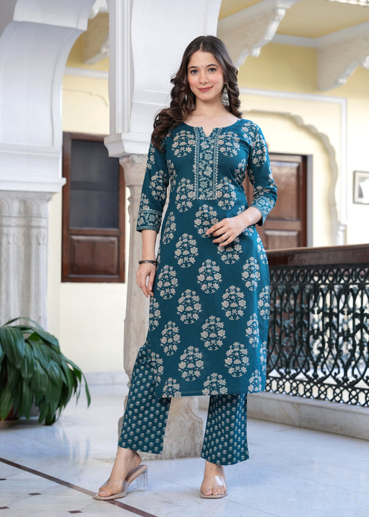 Teal Floral Heritage Kurta-Pant Set