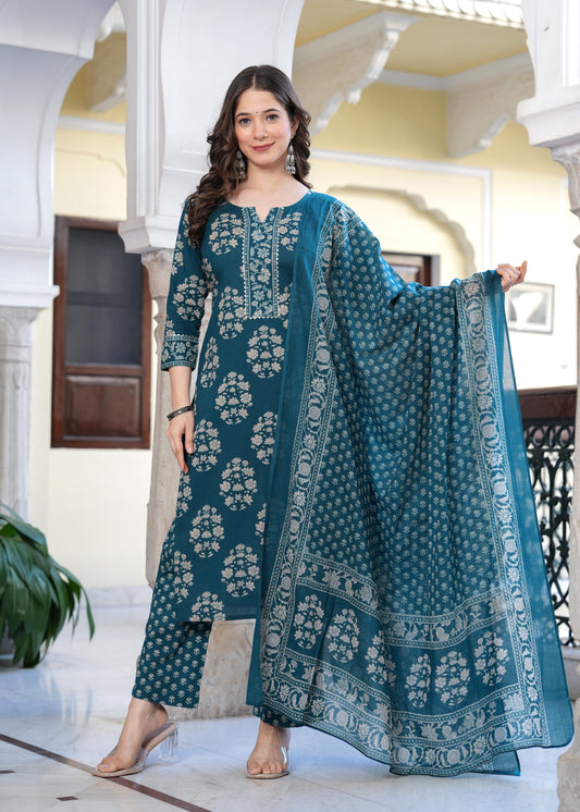 Teal Elegance Floral Suit Set