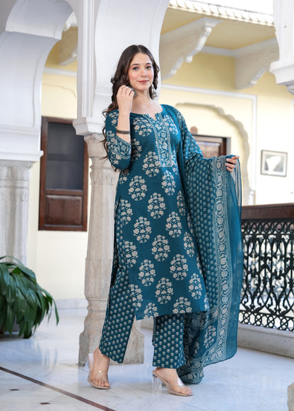 Teal Elegance Floral Suit Set