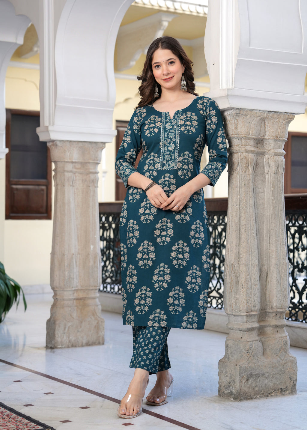 Teal Elegance Floral Suit Set