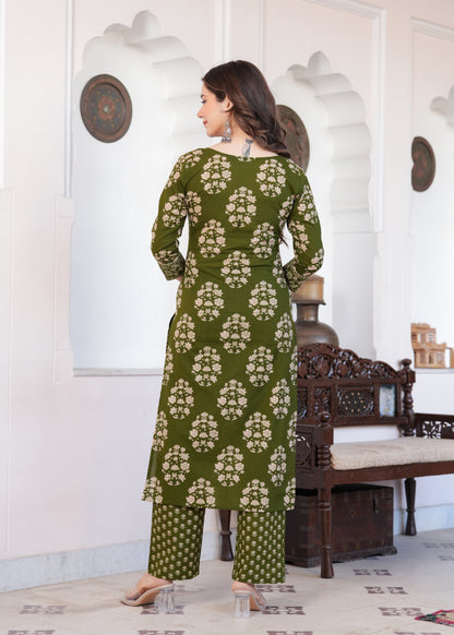 Olive Green Floral Charm Kurta-Pant Set