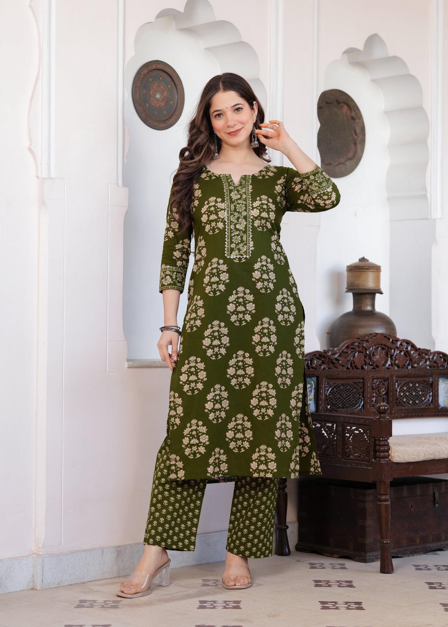 Olive Green Floral Charm Kurta-Pant Set