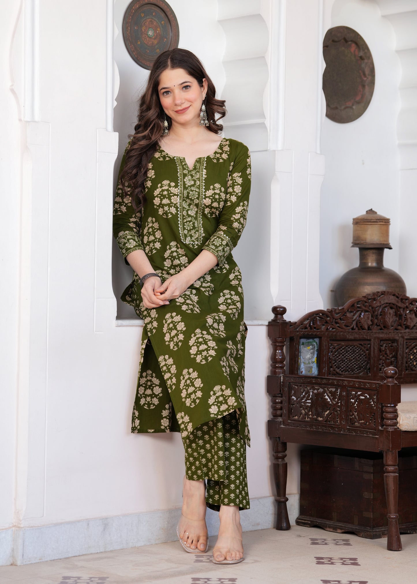 Olive Green Floral Charm Kurta-Pant Set
