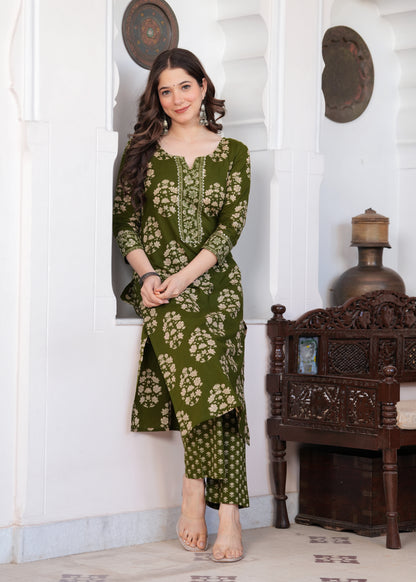 Olive Green Floral Charm Kurta-Pant Set