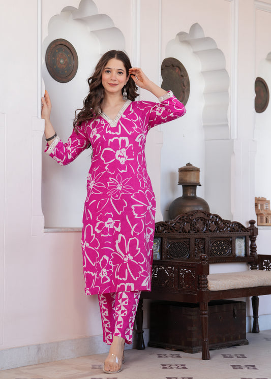 Pink Floral Print Kurta-Pant Set