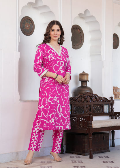 Pink Floral Print Kurta-Pant Set