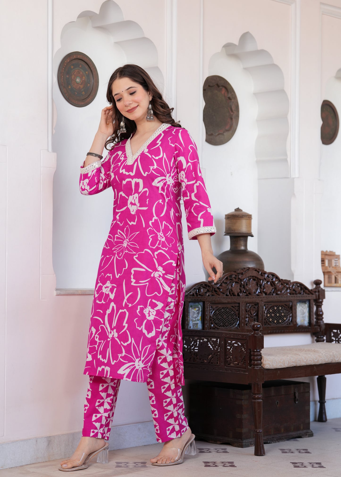 Pink Floral Print Kurta-Pant Set