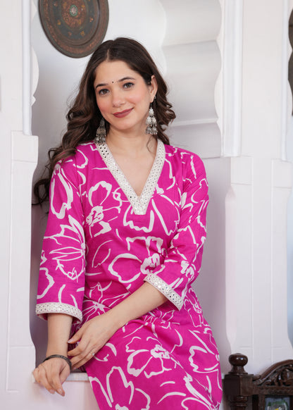 Pink Floral Print Kurta-Pant Set