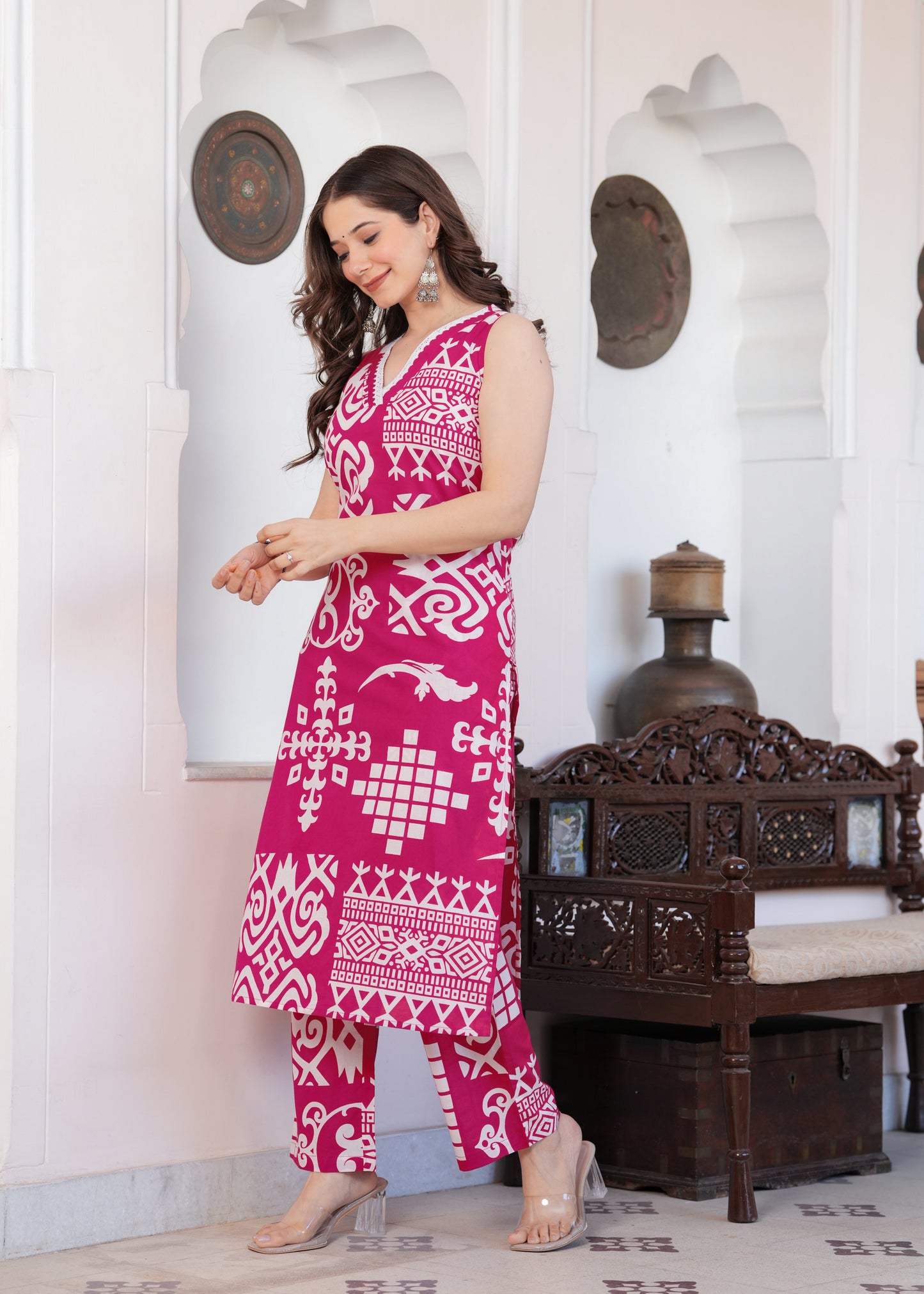 Pink Geometric Print Kurta-Pant Set