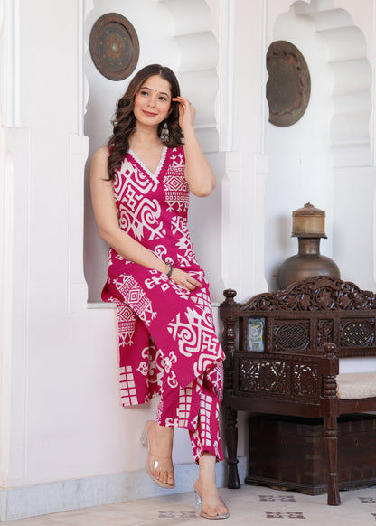 Pink Geometric Print Kurta-Pant Set