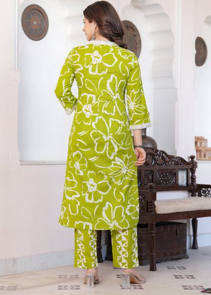 Lime Green Floral Print Kurta-Pant Set