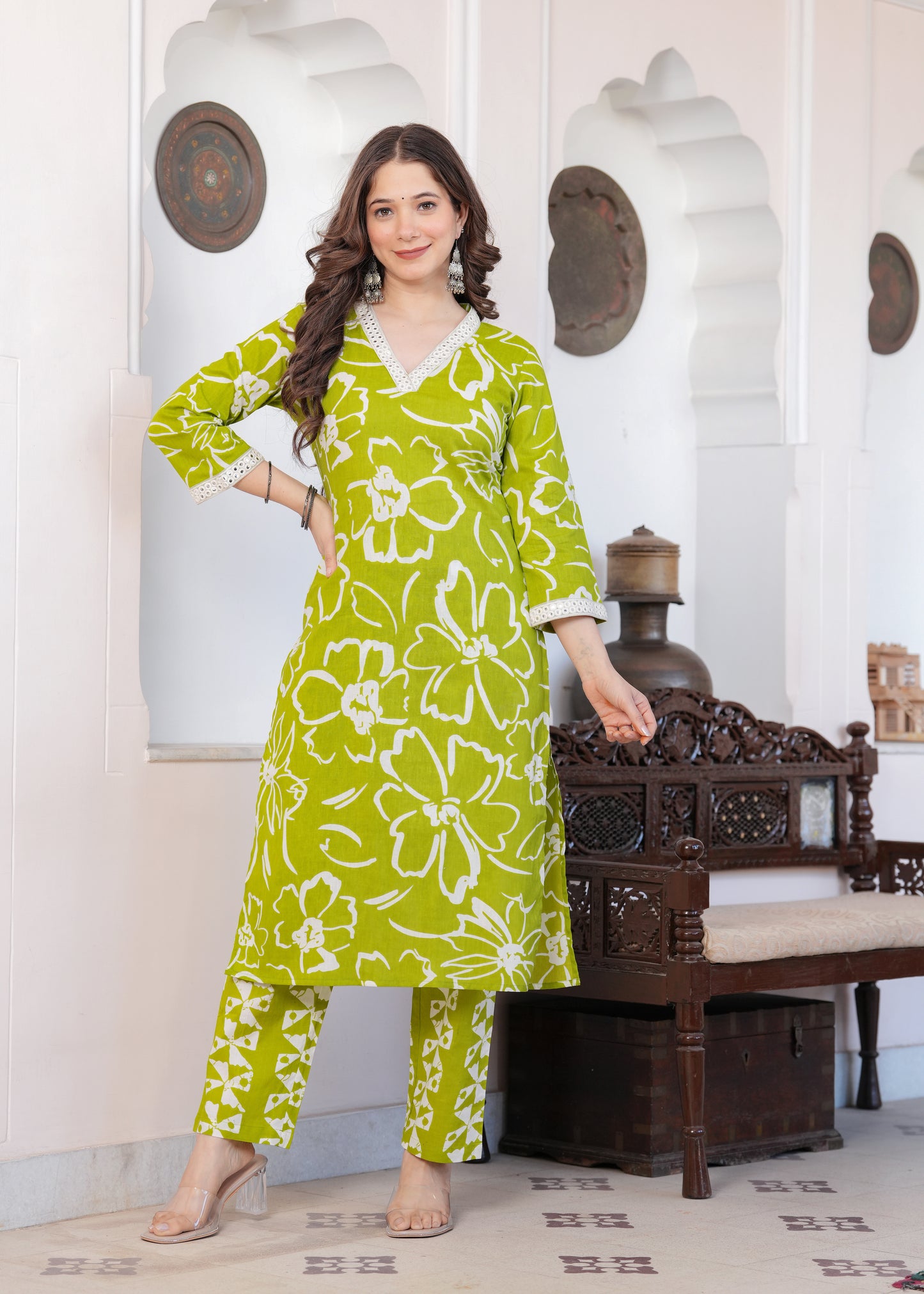 Lime Green Floral Print Kurta-Pant Set
