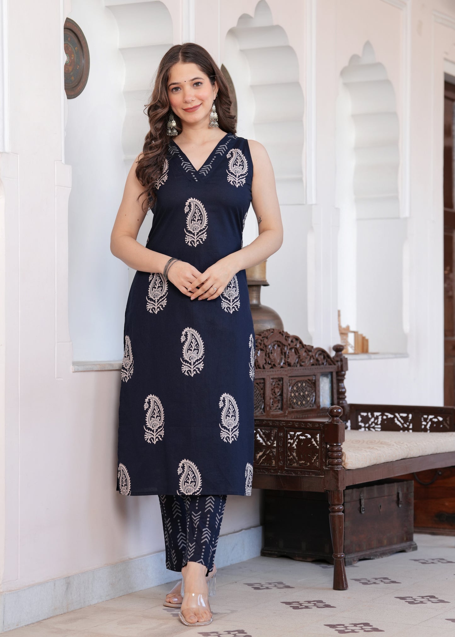 Navy Blue Paisley Print Kurta-Pant Set