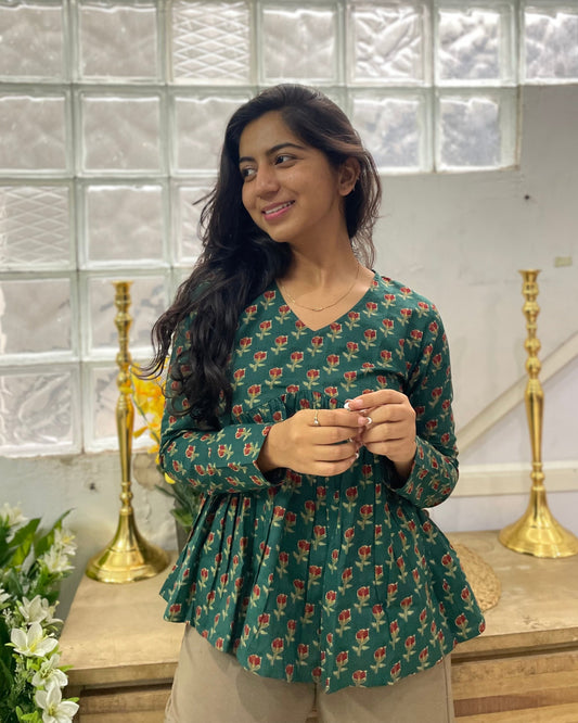 Green Booti Peplum Top