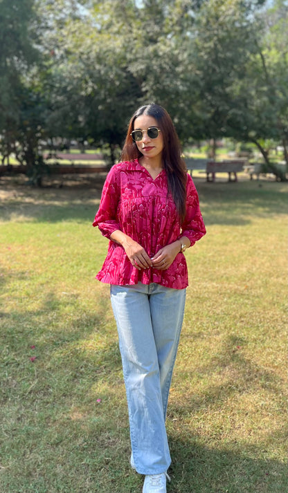 Pink Shirt Collar Peplum Top