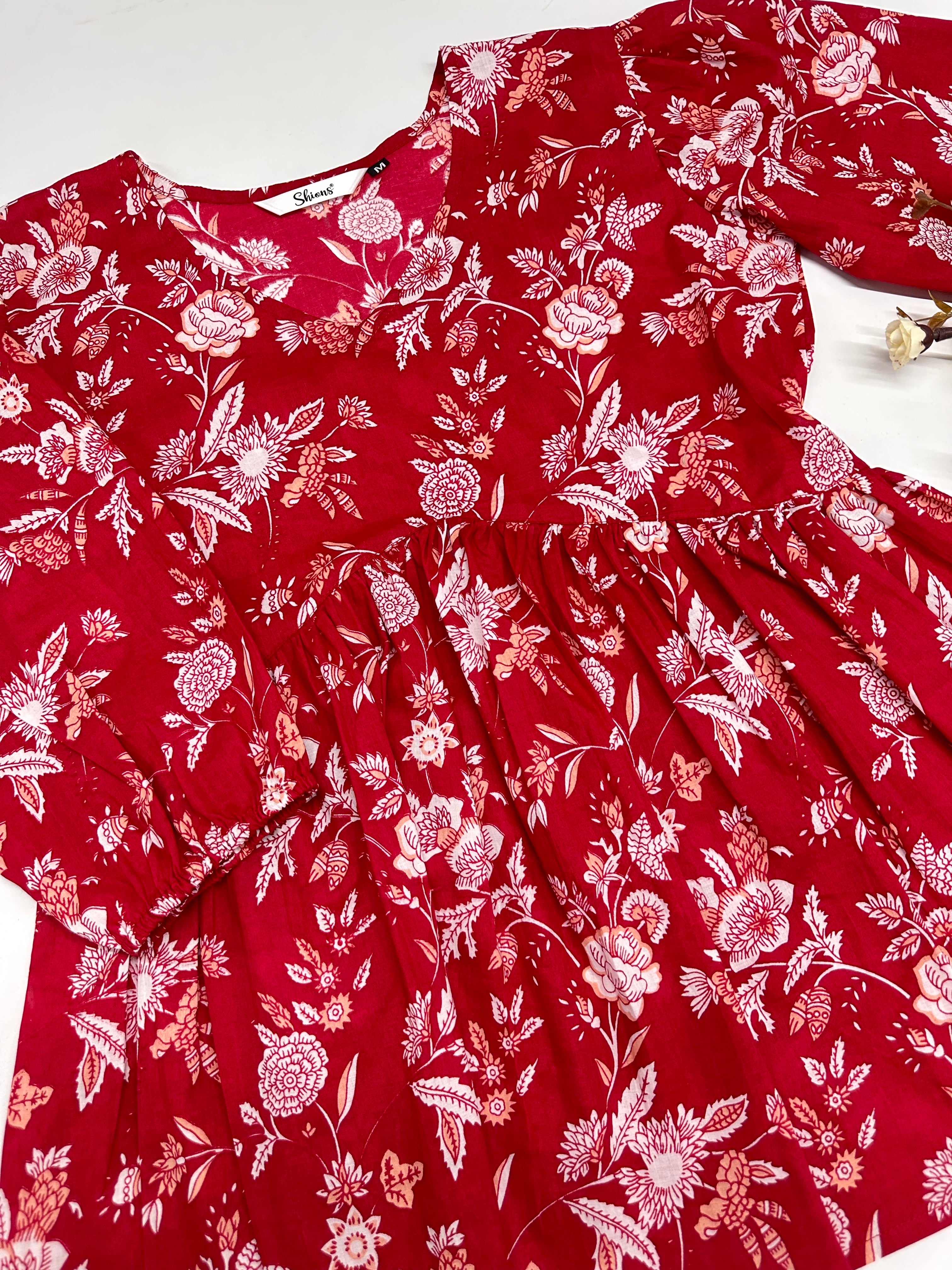 Red Handblock Peplum Top