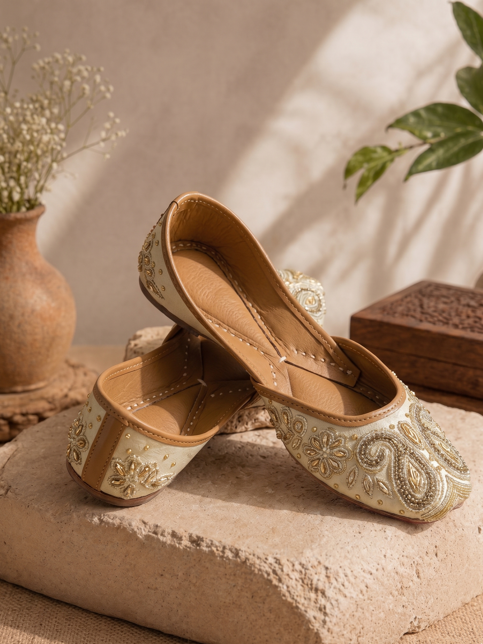 Soft Beige Zari Embroidered Classic Ethnic Jutti for Women
