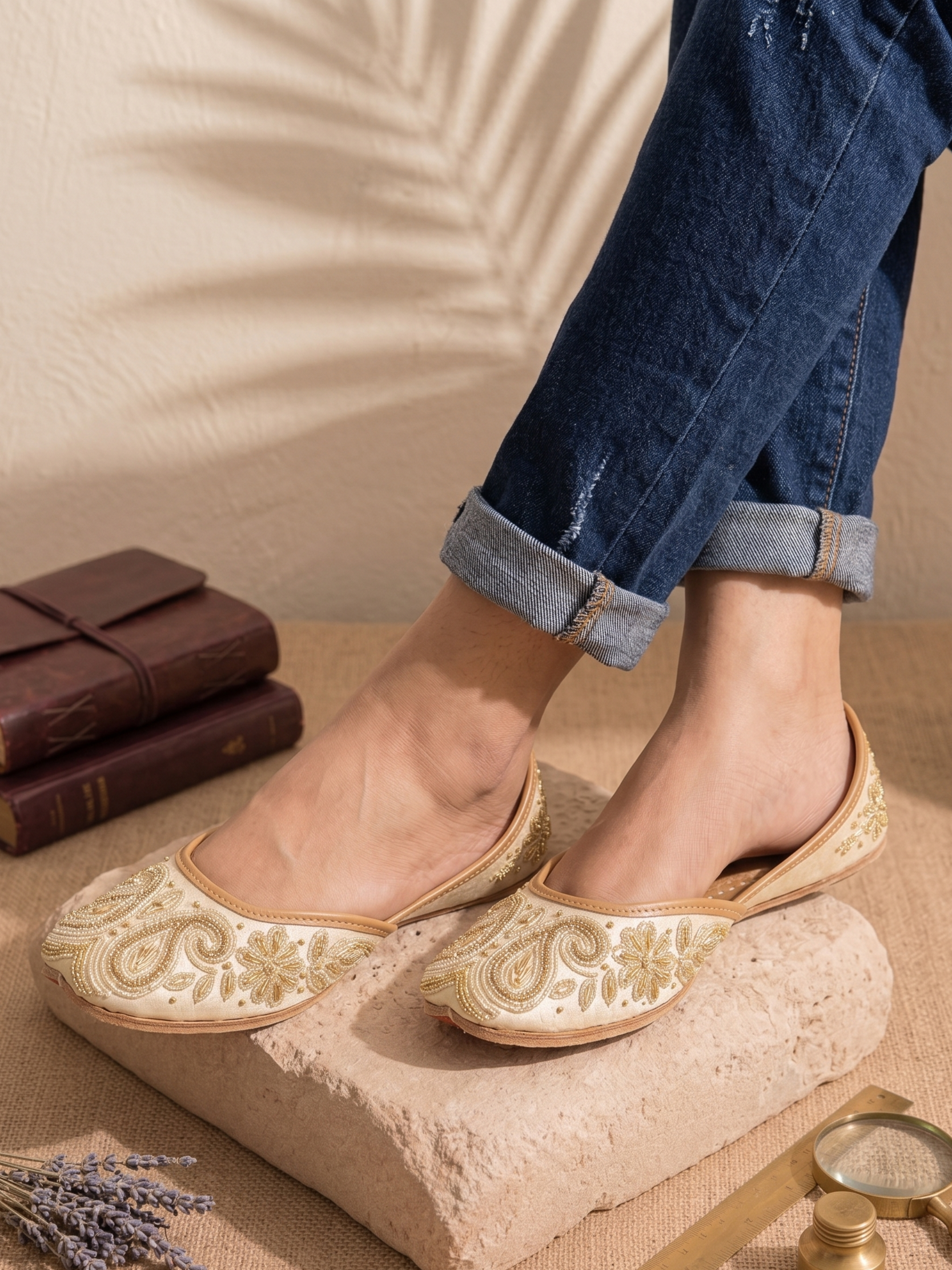 Soft Beige Zari Embroidered Classic Ethnic Jutti for Women