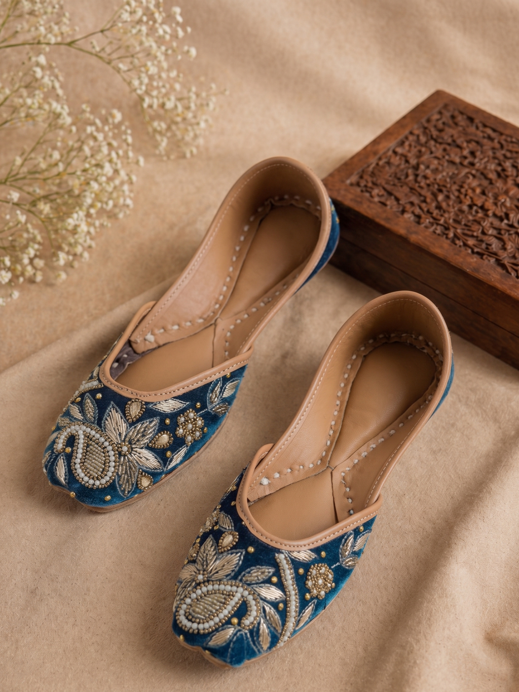 Teal Velvet & Antique Gold Handcrafted Zardozi Ethnic Jutti for Women