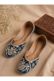 Teal Velvet & Antique Gold Handcrafted Zardozi Ethnic Jutti for Women