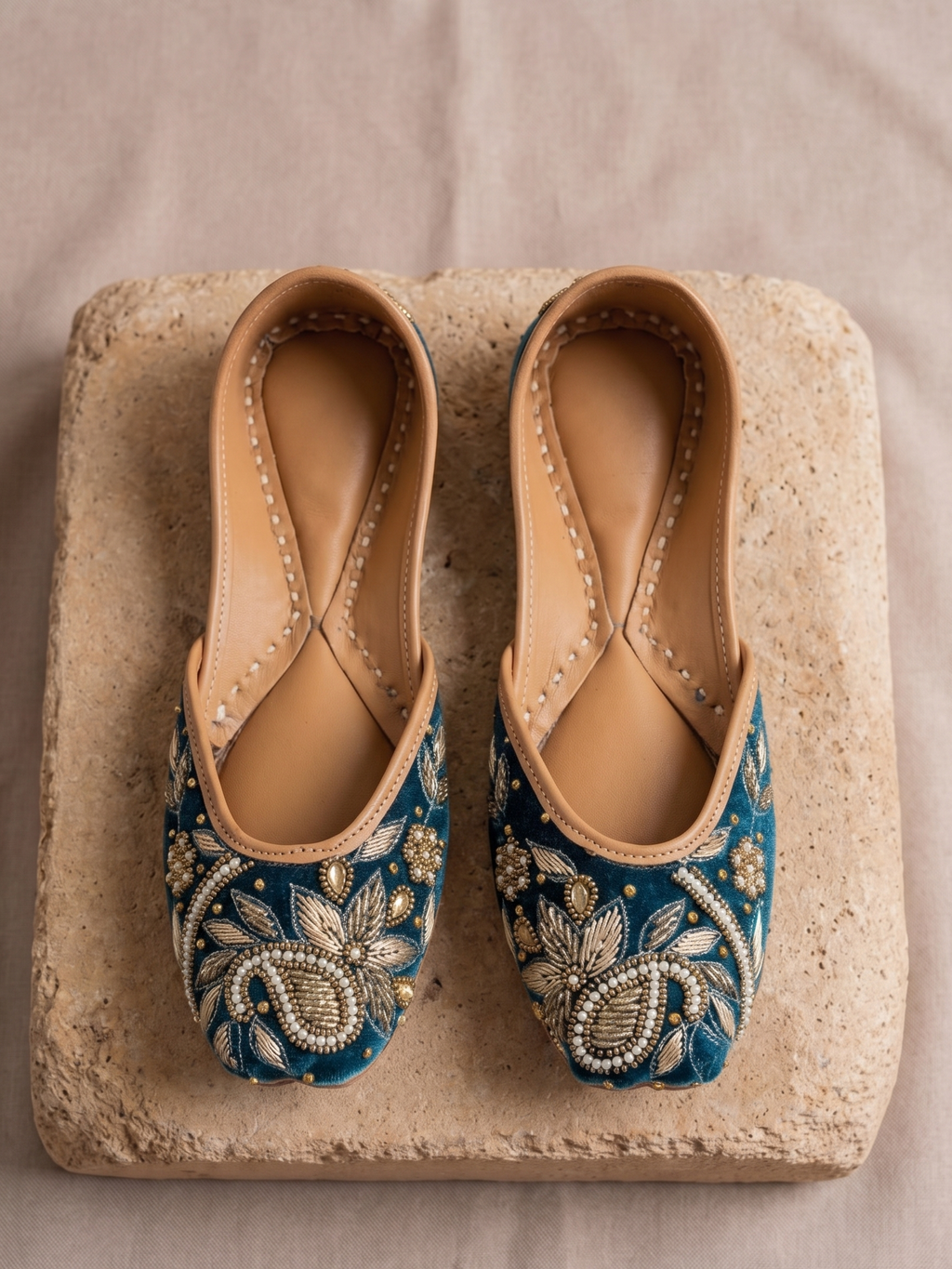 Teal Velvet & Antique Gold Handcrafted Zardozi Ethnic Jutti for Women